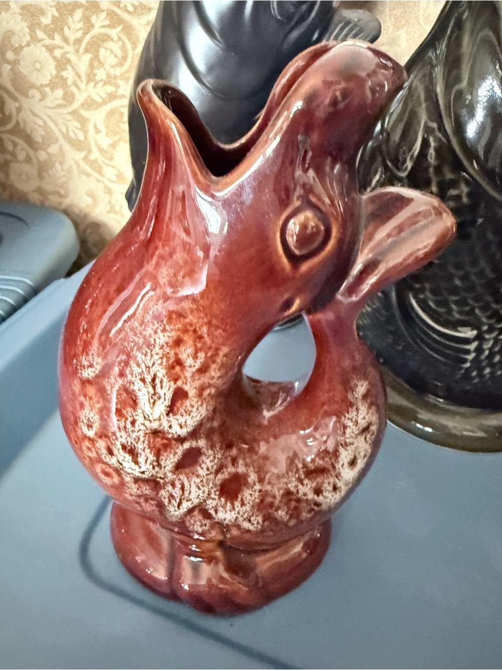 Vintage Kernwek Brown Gurgling Fish Jug 7”  - Cornwall England water pitcher